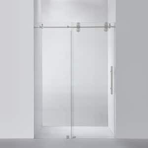 Villena 52 in. W x 78 in. H Single Sliding Frameless Shower Door in Brushed Nickel with Clear Glass