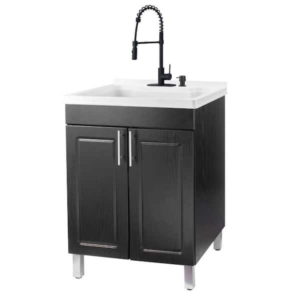 18 Gallons 21.75 in. x 25 in. Thermoplastic Drop-in Laundry Sink with Black Faucet, Black Cabinet, and Soap Dispenser