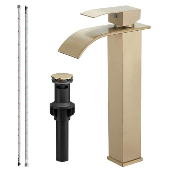 4-Piece Bathroom Accessory Set Waterfall Vessel Sink Faucet in Brushed Gold Stainless Steel with Pop-up Drain