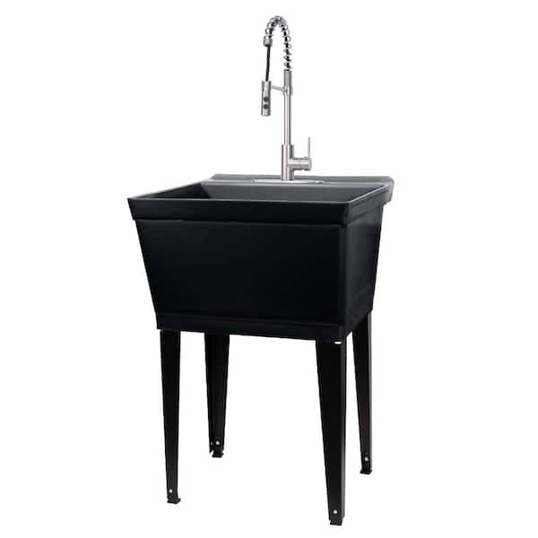 TEHILA 22.875 in. x 23.5 in. Black 19 Gallon Thermoplastic Utility Sink Set with High-Arc Stainless Steel Coil Pull-Down Faucet