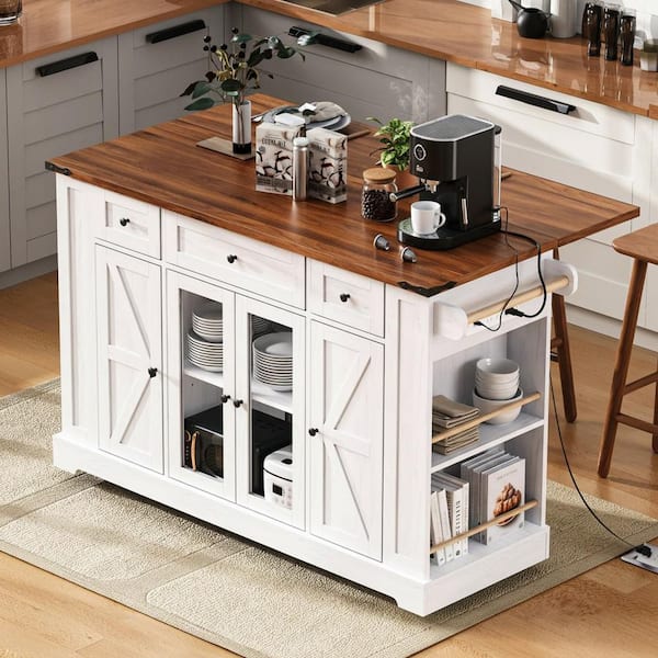 Farmhouse White Wood 53 in. Power Outlet Drop Leaf Rolling Kitchen Island with 3-Drawer and 4-Door