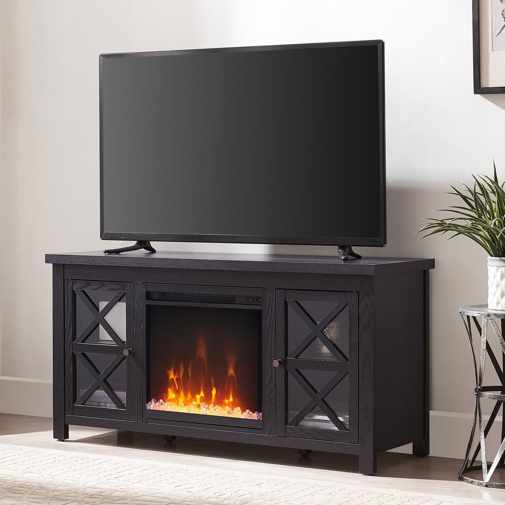 Colton 55" Black Metal TV Stand with Crystal Fireplace and Cabinet