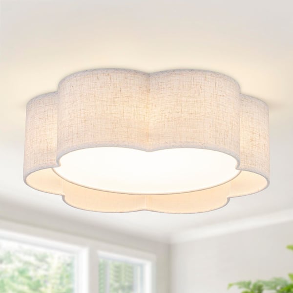 15 in. Modern Drum Matte Beige Dimmable LED Flush Mount Ceiling Light with Fabric Shade for Dining Room Bedroom Entryway