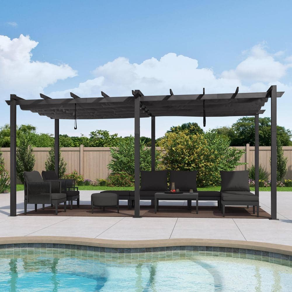 Gray Aluminum Pergola with Retractable Canopy, 10' x 18'
