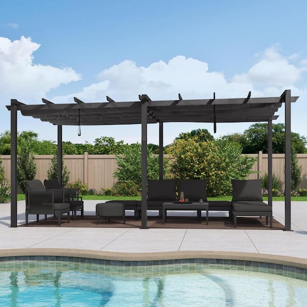 PURPLE LEAF 10 ft. x 18 ft. Gray Aluminum Frame Outdoor Patio Pergola Gazebo with Gray Retractable Sun Shade Canopy for Pavilion