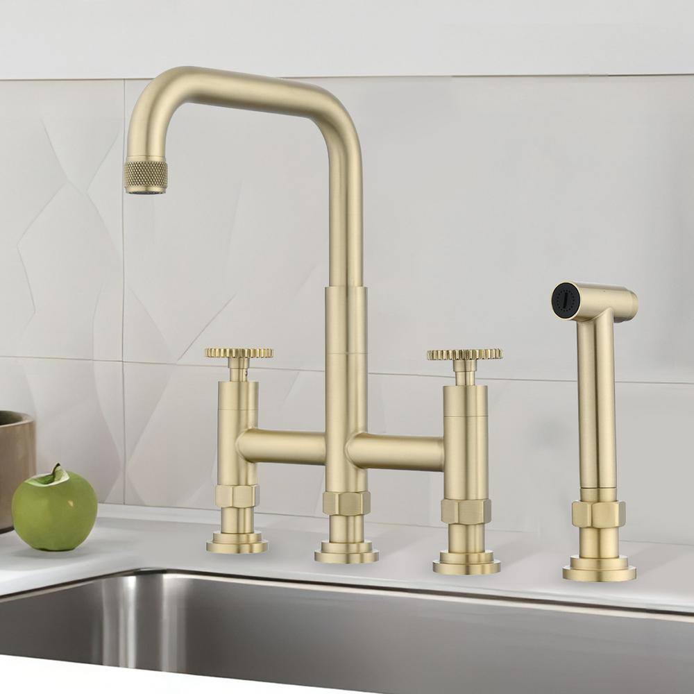 UPIKER DoubleHandle Bridge Kitchen Faucet with Side Spray in Brushed