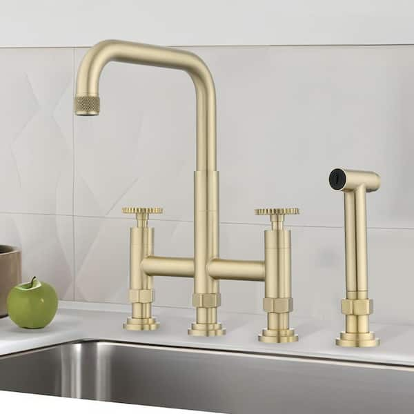 UPIKER Double Handle Bridge Kitchen Faucet With Side Spray In Brushed   Brushed Gold Bridge Kitchen Faucets Up2304kfbg0025 64 600 