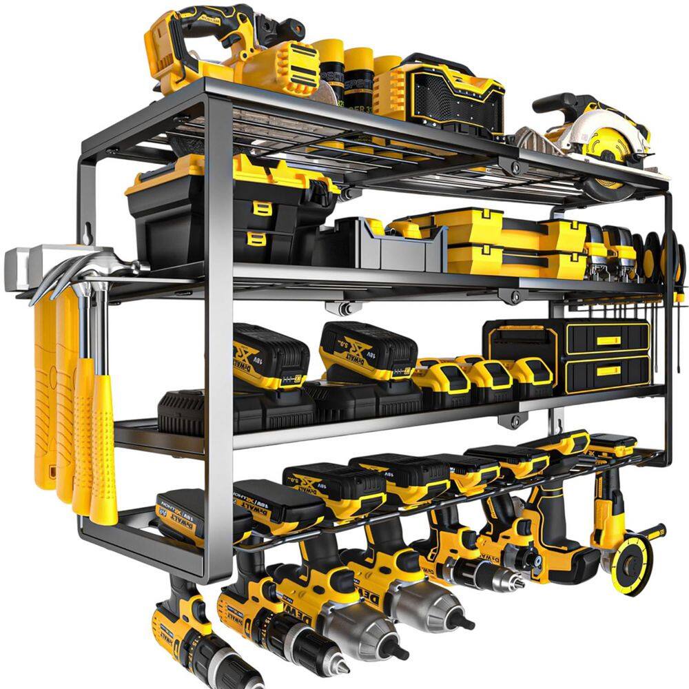 YICHUHAOXI 4-Layer 32 in. Black Steel Drill Organizer Wall Rack with Charging Shelf, 8-Slots for Garage, Workshop, Pegboard, Shed 57227FPH005