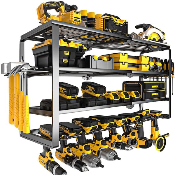 4-Layer 32 in. Black Steel Drill Organizer Wall Rack with Charging Shelf, 8-Slots for Garage, Workshop, Pegboard, Shed