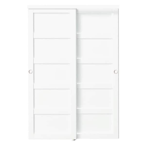 48 in. x 80 in. 5-Panel White PVC Covering MDF. Sliding Door with Handle, Hardware Kit, Need To Be Assembled
