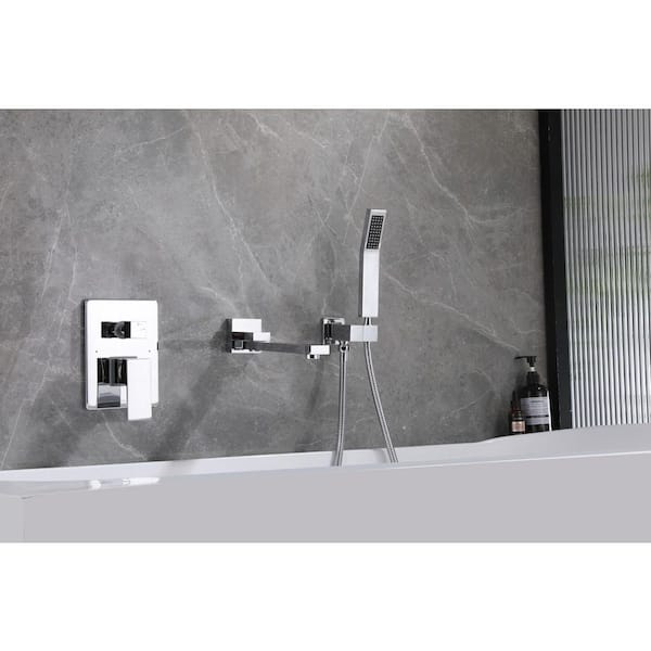 Single-Handle Wall Mount Rotating 1.8 GPM Roman Tub Faucet with Hand Shower in Silver