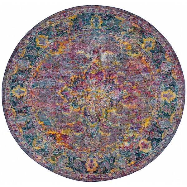 Crystal 7 ft. x 7 ft. Round Navy/Light Blue Floral Border Area Rug