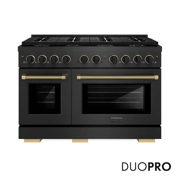 Designer 48 in. 6.7 cu. ft. Dual Fuel Range with 8 Burner DuoPro Cooktop in Black Satin with Black and Champagne Accents