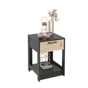 15.75 in. W x 15.75 in. D x 21.65 in. H Black Wood Linen Cabinet with Nightstand and Rattan Drawer