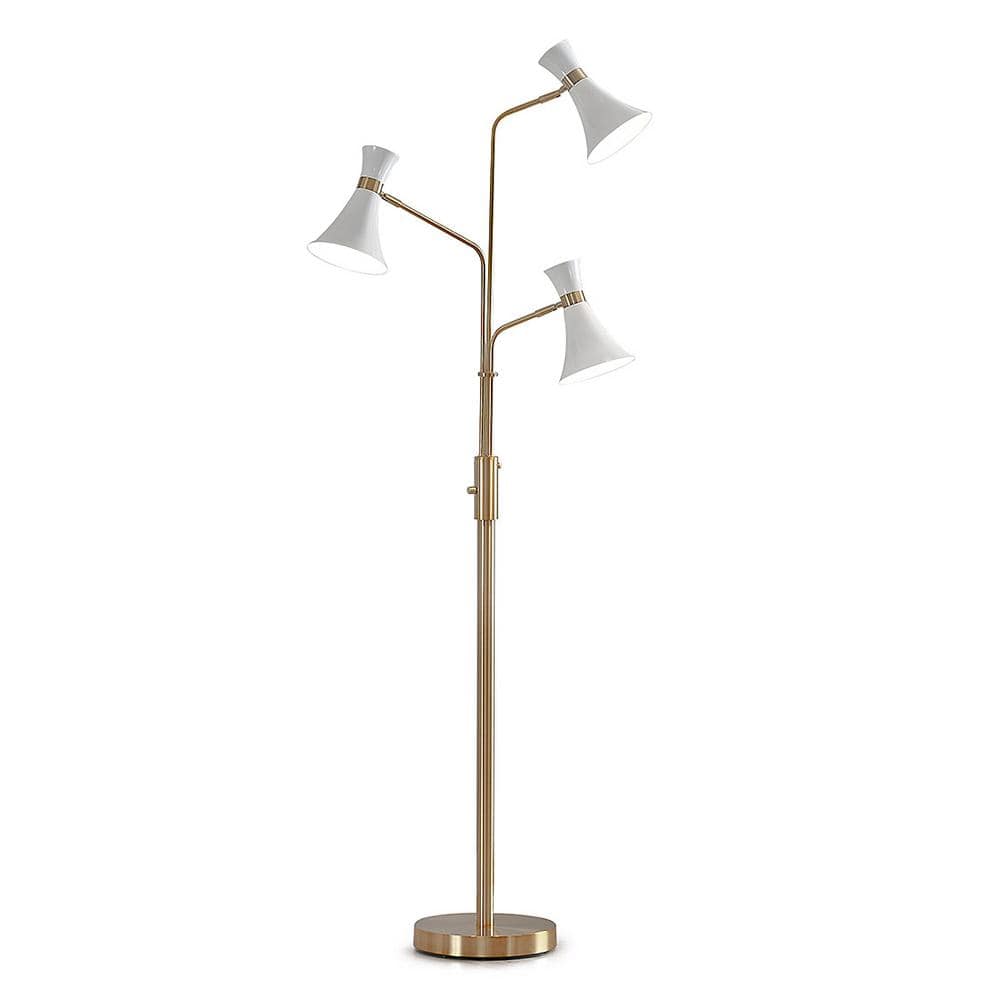 HomeGlam Bonnie 74 in. Antique Brass/White Finish 3-Lights Tree Floor Lamp with White Shades