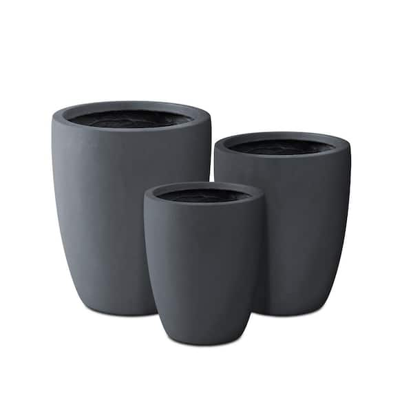 Kante 3 Piece 22.4, 20.4 and 18.1H Round Charcoal Finish Concrete Modern Tall Planters, Outdoor Indoor Decorative Plant Pots with Drainage Hole and