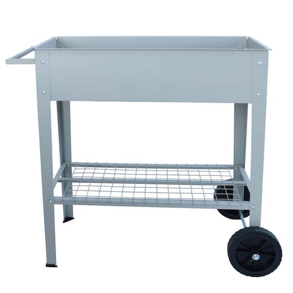 ATENGNES 30 in. x 14 in. x 7 in. Gray Patio Metal Mobile Black Raised Garden Bed Elevated Tall Planter Box with Wheels