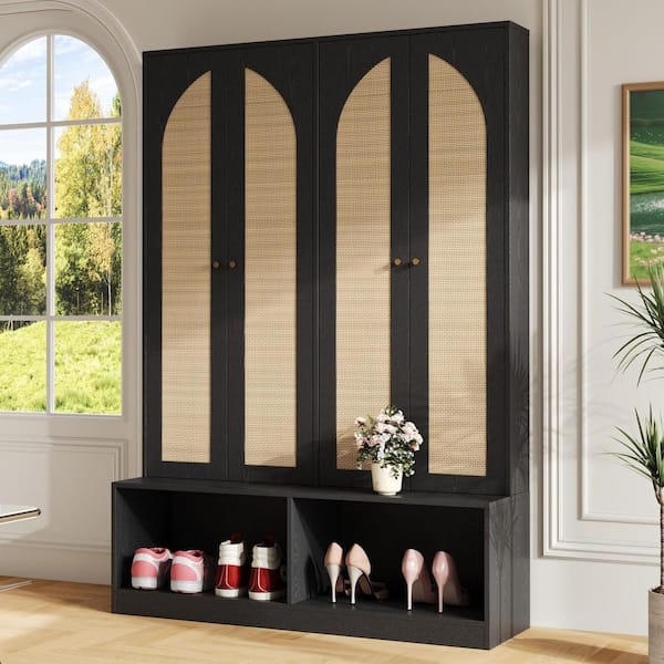 Black Versatile 4-In-1 Bohemmain Farmhouse Style Hall Tree with 4 Rattan Doors, 6 Hooks, Comfy Bench
