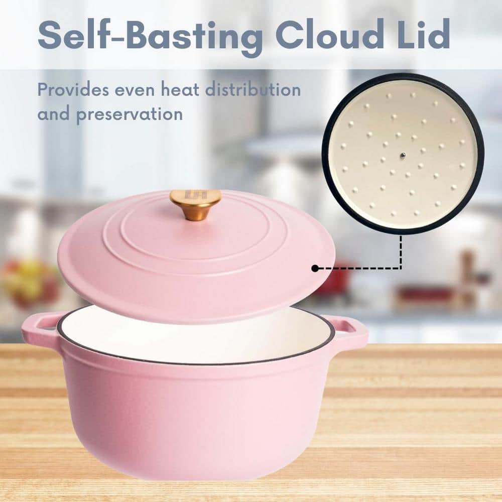Matte Pink Enameled Cast Iron 6 Qt Round Dutch Oven with Lid