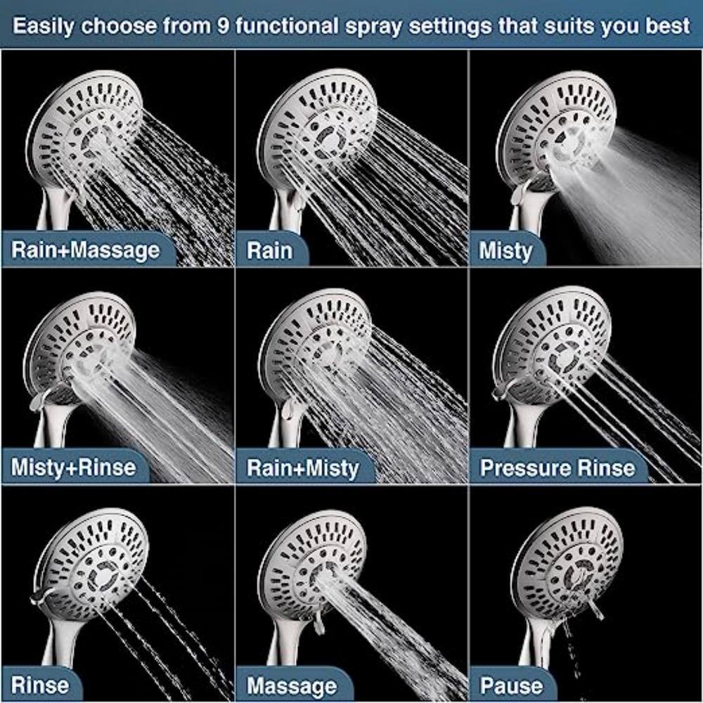 Brushed Nickel Handheld Shower Head with 9 Spray Settings