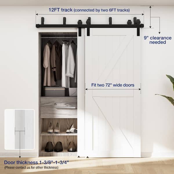 12 ft./144 in. Powder Coated Black Heavy-Duty Bypass Double Door Sliding Barn Door Hardware Classic Design Roller 12 ft./144 in. Powder Coated Black Heavy-Duty Bypass Double Door Sliding Barn Door Hardware Classic Design Roller