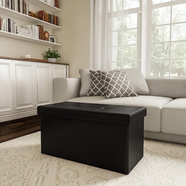 Lavish Home Black Faux Leather Large Foldable Storage Bench