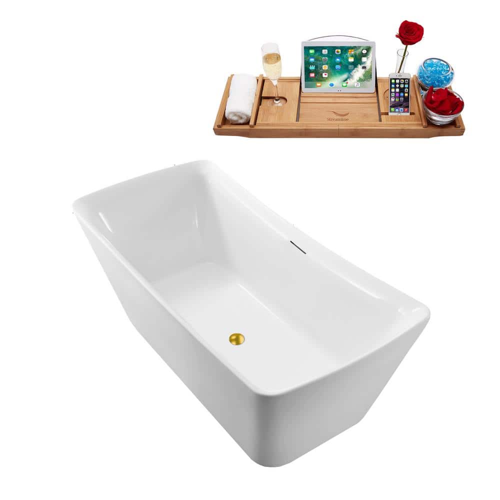 62'' Glossy White Acrylic Freestanding Bathtub with Polished Gold Drain