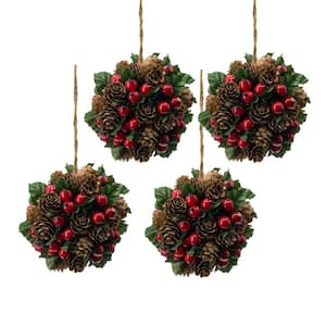 5.1 in. Cone and Berry Ball, Christmas Decorations Hanging Ball Christmas Tree Ornaments for Holiday Party, Set of 4