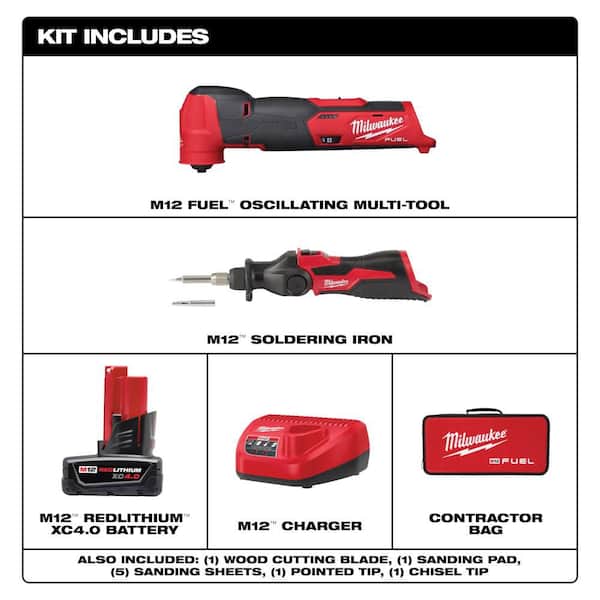 M12 FUEL 12V Lithium-Ion Cordless Oscillating Multi-Tool Kit w 4.0Ah Battery, Charger, Accessories, Bag & Soldering Iron