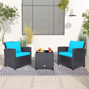 3-Pcs Rattan Wicker Patio Conversation Set Sofa Coffee Table with Beige andTurquoise Cushions