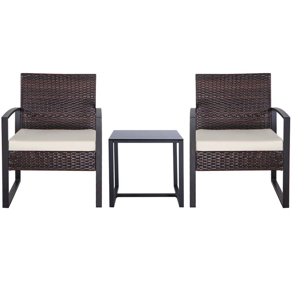 3-Piece Wicker Outdoor Bistro Set with Beige Cushions ZN-2860