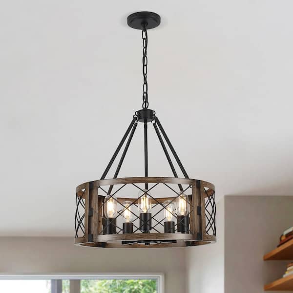 5-Light Black and Wood Grain Vintage Adjustable Drum Chandelier Candlestick Linear Chandelier Lighting for Living Room