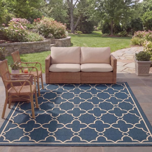 Courtyard 8 ft. x 10 ft. Blue Trellis Solid Color Geometric Indoor/Outdoor Area Rug