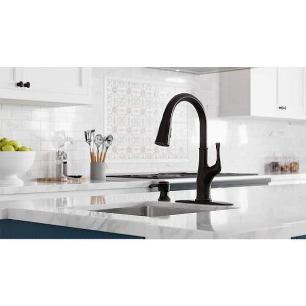 Alderwood Single Handle Pull Down Kitchen Faucet with Deck Plate and Soap Dispenser in Tuscan Bronze