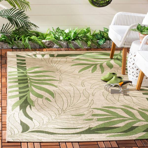 Courtyard Cream/Green 5 ft. x 8 ft. Border Indoor/Outdoor Patio  Area Rug