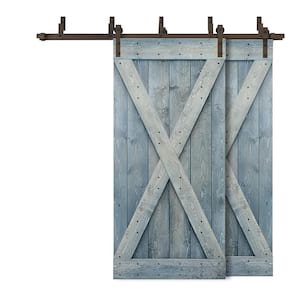 64 in. x 84 in. X Bypass Denim Blue Stained DIY Solid Wood Interior Double Sliding Barn Door with Hardware Kit