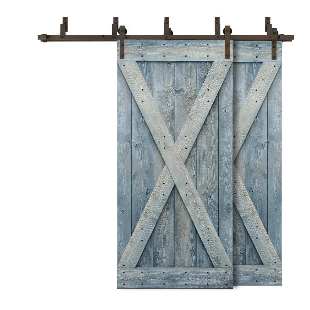 80 in. x 84 in. X Bypass Denim Blue Stained DIY Solid Wood Interior Double Sliding Barn Door with Hardware Kit price history on PriceWatchPro