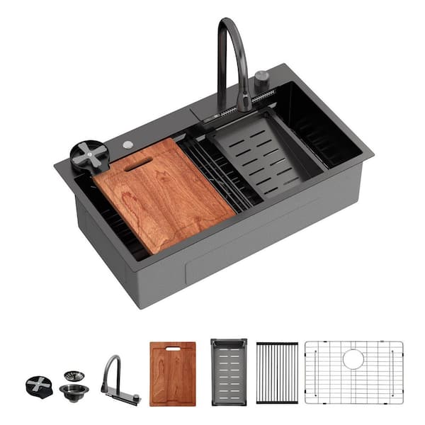 33 in. Gunmetal Black Drop-In Single Bowl 16-Gauge Stainless Steel Workstation Kitchen Sink with Waterfall Faucet