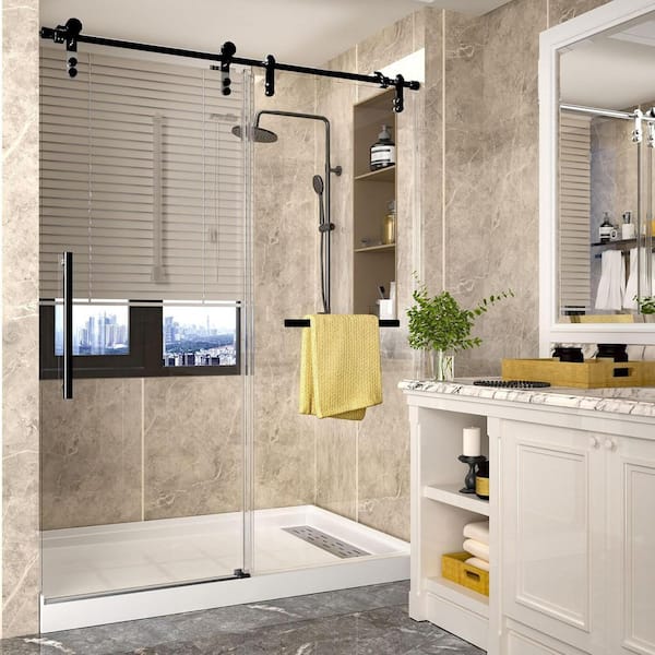 56-60 in. W x 75.5 in. H Sliding Frameless Glass Shower Door, Handle and Seal Strip for Waterproof, Transparent Glass