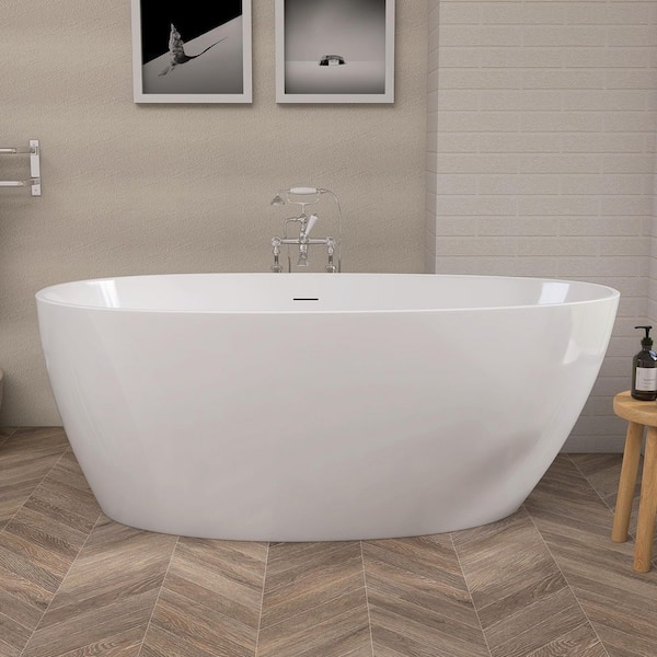 Caz 59 in. x 29.53 in. Freestanding Soaking Bathtub Flatbottom Acrylic Free Standing Bathroom White Tub Chrome Drain