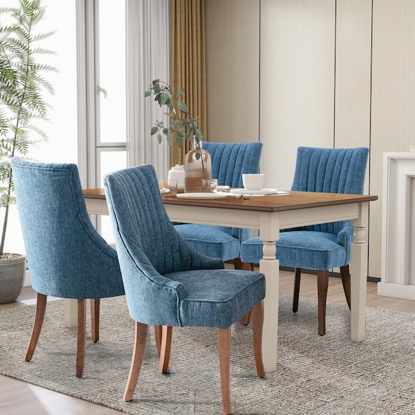 WONDER COMFORT Comfy Blue Linen Channel Tufted Upholstered Dining Chairs Set of 4 with Solid Wood Legs