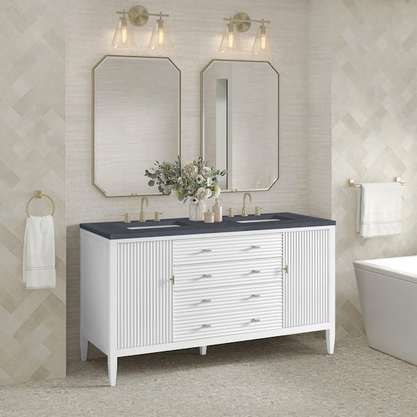 James Martin Vanities Mirin 60.0 in. W x 23.5 in. D x 34.06 in. H Double Bathroom Vanity in Bright White Charcoal Soapstone Quartz Top
