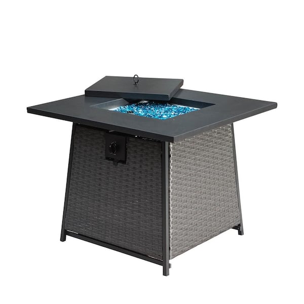 Sudzendf 32 in. Dark Gray Square 50,000 BTU Outdoor Wicker Propane Fire Pit Table with Blue Glass Ball