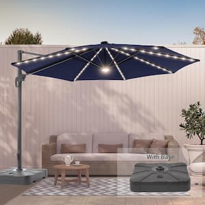 11 ft. Solar LED Aluminum Cantilever Patio Umbrella with a Base/Stand, Offset Hanging 360° Rotation in Navy Blue