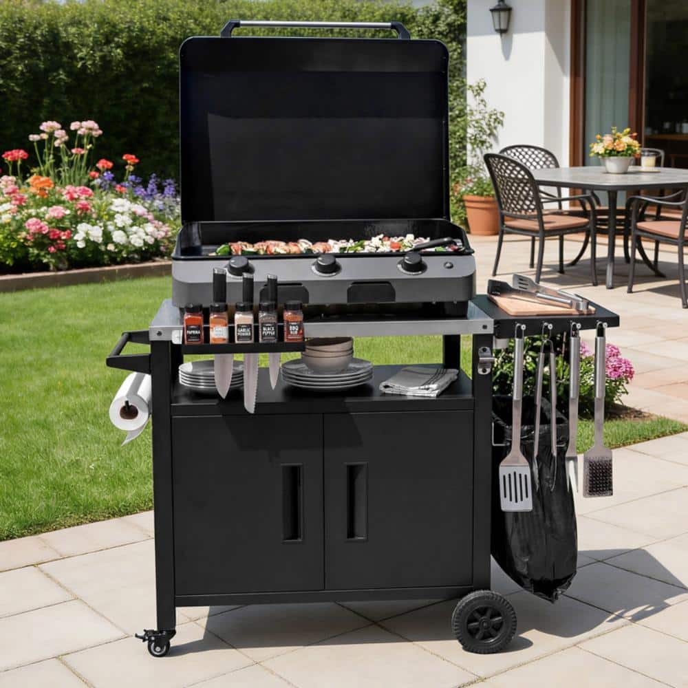 "45"" Metal Outdoor Grill Cart with Storage Cabinet, Outdoor Kitchen Island with Foldable Table on Wheels for BBQ" price history on PriceWatchPro