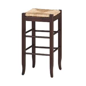 9.5 in. Brown and Beige Low Back Wood Frame Barstool with Rush Seat