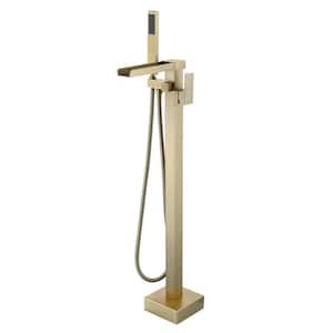 Modern Single-Handle Freestanding Floor Mount Tub Faucet with Handheld Showerhead in Brushed Gold