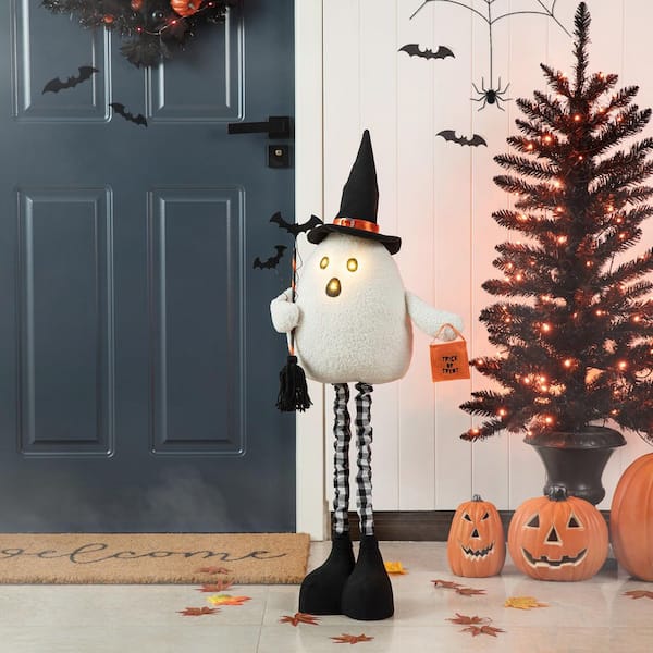 38 in. Lighted Halloween Fabric Ghost Standing Decor, With Telescoping Legs and Timer