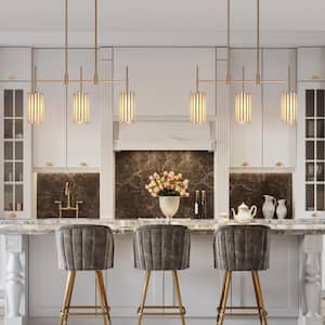 Modern 30 in. 3-Light Dark Gold Linear Chandelier with White Stained Glass Shades for Kitchen Island Dining Room Pendant