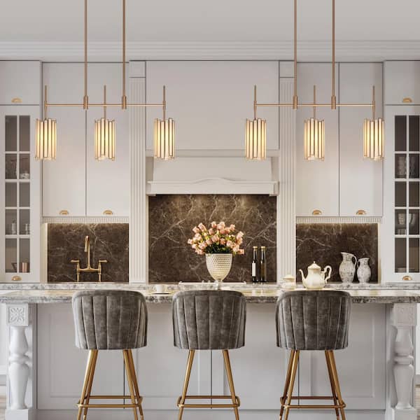 Modern 30 in. 3-Light Dark Gold Linear Chandelier with White Stained Glass Shades for Kitchen Island Dining Room Pendant